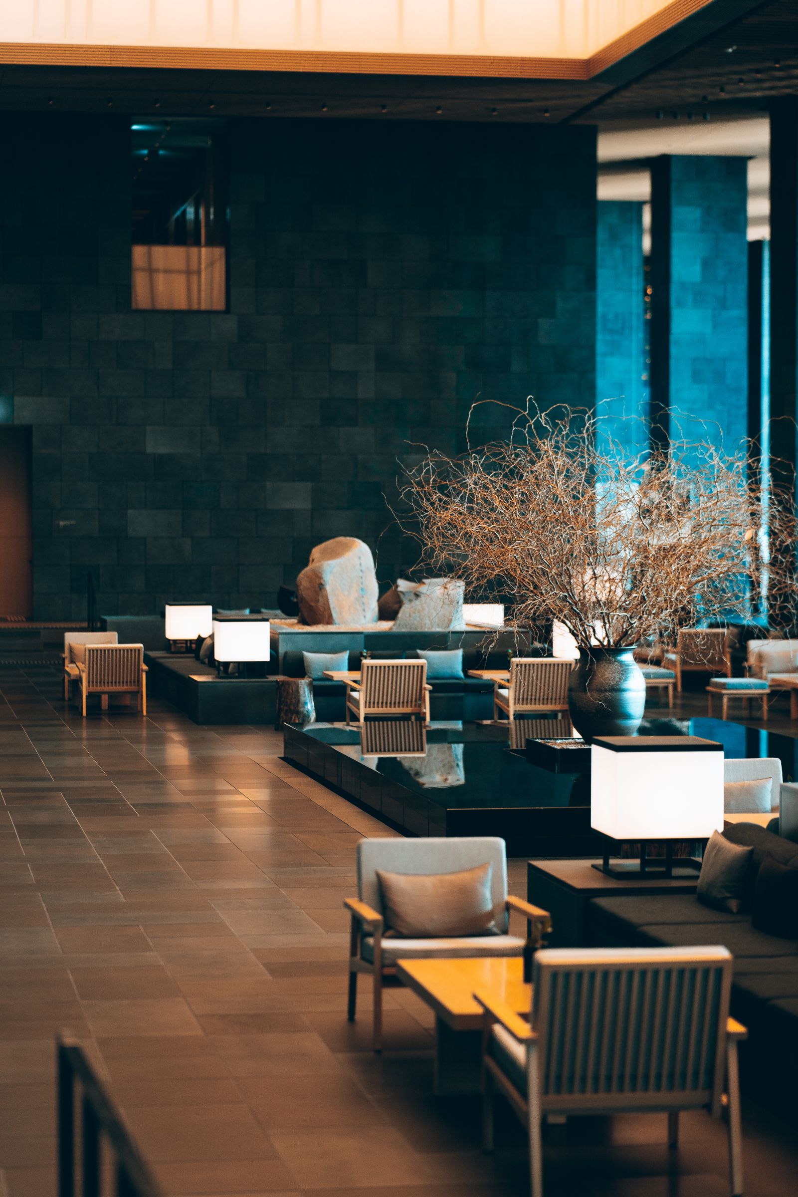 Completed hotel public area with warm lighting
